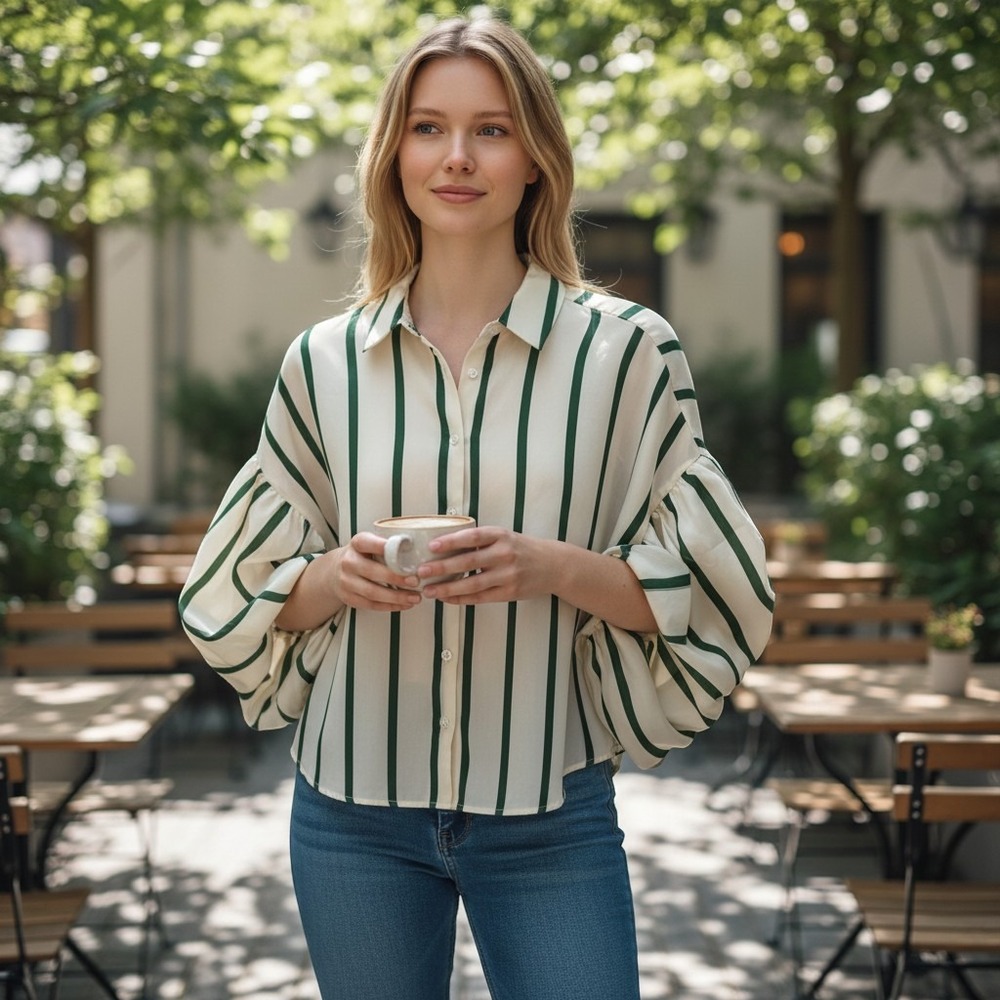 Milk & Honey Puff Sleeve Striped Button Down Blouse Cream Green Womens L